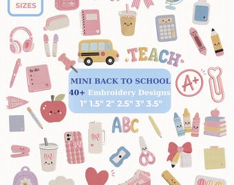 Back to School Embroidery Design, Mini School Icons Machine Embroidery, School Bus Apple Pencil, Kids Teacher Embroidery File