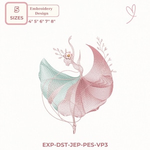 May include: An embroidery design featuring a ballerina in a flowing dress, with a floral headpiece. The design includes sizes 4", 5", 6", 7", and 8". The ballerina's dress is a combination of pink and green, with delicate details. The text "EXP-DST-JEP-PES-VP3" is at the bottom.