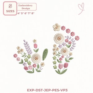 Puede incluir: Diseño de bordado floral con flores rosas, verdes y crema, incluyendo margaritas y tulipanes. Tamaños de 10 a 20 cm. El texto "EXP-DST-JEP-PES-VP3" también está presente en la parte inferior de la imagen.