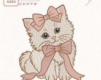 Diseño de bordado de gato coqueto, lindo gatito con lazo, archivo de bordado a máquina en tonos pastel, 5 tamaños, descarga instantánea
