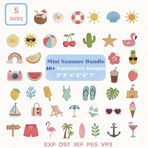 May include: A collection of colorful embroidery designs with a summer theme. Includes a coconut drink, sun, beach ball, cherries, cactus, starfish, flamingo, camera, watermelon, lemon, ice cream, and more. The text reads "Mini Summer Bundle 40+ Embroidery Designs 2" 3" 4" 5" 6" 7""