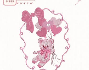 Teddy Bear Embroidery Design, Valentine Bear with Heart Balloons, Instant Download dst,des, exp, jep, vp3