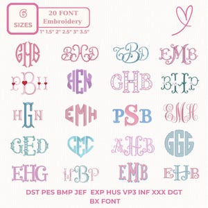 May include: A digital collection of 20 embroidery font monograms in various styles and colors including pink, blue, and purple. The text displays 6 SIZES, 20 FONT Embroidery, 1" 1.5" 2" 2.5" 3" 3.5", and file formats DST PES BMP JEF EXP HUS VP3 INF XXX DGT BX FONT.