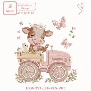 May include: An embroidery design featuring a smiling cow driving a pink tractor, with a chick in the back. The design includes butterflies, hearts, and flowers. The design is available in 5 sizes: 4", 5", 6", 7", and 8".