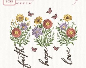 Archivo de bordado Fe, Esperanza y Amor, Diseño de bordado cristiano estilo boho, Archivo de bordado a máquina cristiano, 5 tamaños, Descarga instantánea