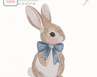 Vintage Bunny Embroidery Design – Cute Rabbit with Blue Bow Machine Embroidery File, 5 Sizes, dst, des, exp, jep, vp3