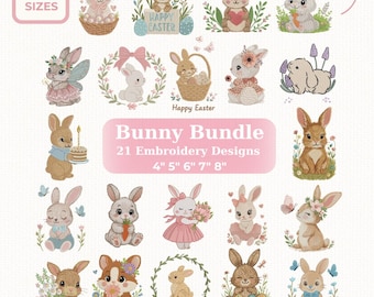May include: A collection of 21 bunny embroidery designs in various styles, including bunnies with flowers, holding carrots, and wearing clothes. The designs are available in 5 sizes, ranging from 4 to 8 inches. The text "Bunny Bundle" and "Happy Easter" are also included.