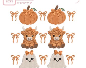 Coquette Halloween Embroidery Bundle, Bow Pumpkin Ghost Highland Cow Machine Embroidery Designs, Cute Spooky Fall Embroidery