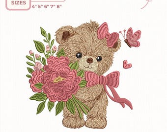 かわいいテディベアの刺繍デザイン、花とクマのステッチファイル、パステル調の動物刺繍
