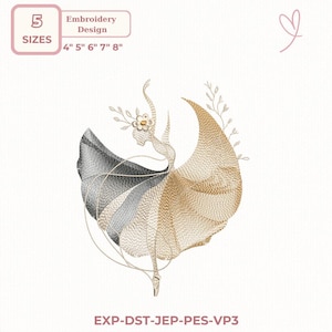 May include: An embroidery design of a ballerina with a flowing skirt in shades of gold, gray, and black. The design includes the text "Embroidery Design" and size options of 4", 5", 6", 7", and 8". The design also includes the text "EXP-DST-JEP-PES-VP3".
