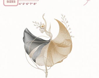 May include: An embroidery design of a ballerina with a flowing skirt in shades of gold, gray, and black. The design includes the text "Embroidery Design" and size options of 4", 5", 6", 7", and 8". The design also includes the text "EXP-DST-JEP-PES-VP3".