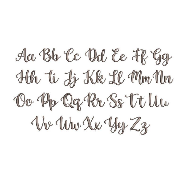 May include: A complete alphabet set featuring both uppercase and lowercase letters from Aa to Zz. Each character is rendered in a dark brown, cursive script font with a subtle shadow effect, arranged in four horizontal rows on a plain background.