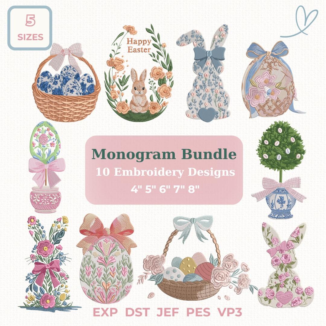 Easter Embroidery 10 Design Bundle – Bunny, Basket, Tulips, Cross, Bow ...