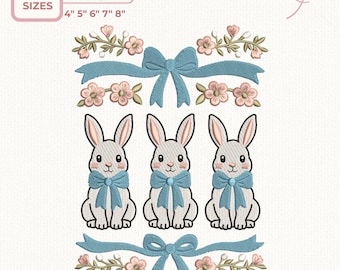 Süßes Osterhasen-Trio mit Schleifen Stickerei, Frühling, Frühling, Kranz, Stickdateien zum sofortigen Download