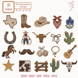 Western Cowboy Broderi Design Bundle, Cowgirl Rodeo Maskinbroderifiler, Texas Cactus Boots Hästsko Ikonuppsättning
