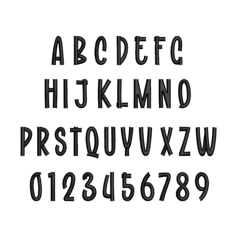 May include: A set of black embroidered characters featuring the uppercase English alphabet from A to G, H to O, P to W, and the digits 0 through 9. Each character displays a distinct stitched texture with a rounded, tube-like appearance.