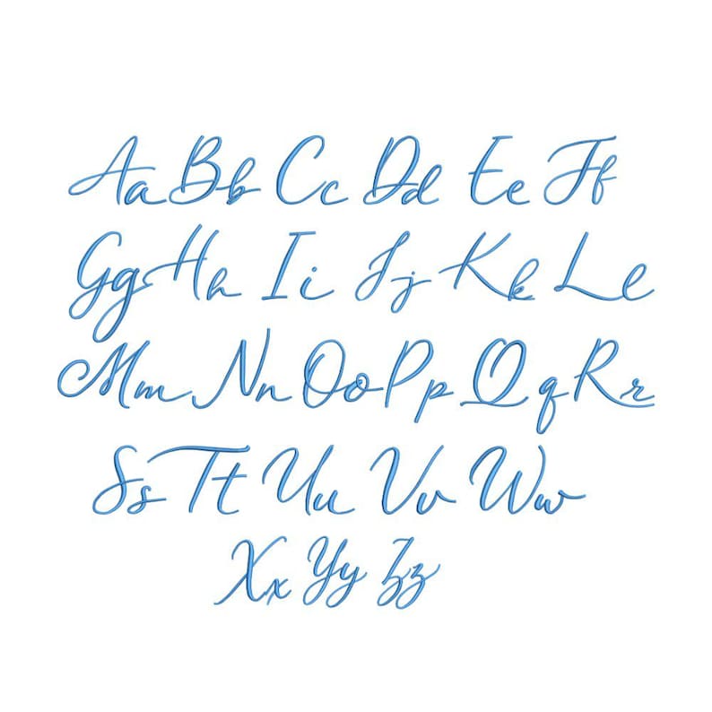 May include: A blue embroidered alphabet featuring both uppercase and lowercase letters from A to Z. Each character is rendered in a flowing, cursive script style with a consistent thread-like appearance, arranged in rows against a plain background.