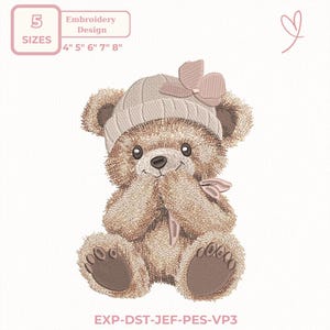Teddy Bear Embroidery Design – Cute Bear with Knit Hat, Baby Girl Nursery, 5 Sizes, dst,des, exp, jep, vp3
