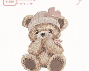 Teddy Bear Embroidery Design – Cute Bear with Knit Hat, Baby Girl Nursery, 5 Sizes, dst,des, exp, jep, vp3
