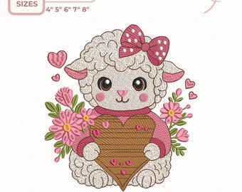 Baby Sheep Embroidery - Cute Lamb Holding Heart Embroidery Design, Baby Lamb Stitch Pattern, Pastel Sheep Embroidery File, 5 Sizes