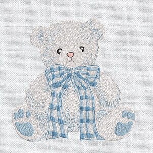 May include: Embroidered teddy bear with a blue and white gingham bow. The bear is light gray with blue accents, including the paws and the bow. The bear has a pink nose and black eyes. The background is a light blue fabric.