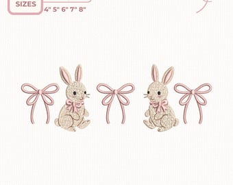 Borduurontwerp schattig konijntje – set konijntjes en strik, pastel paasmachineborduurpatroon, steekbestand babymeisje 4–8 inch