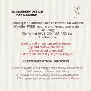 May include: Text on a cream-colored background reads "EMBROIDERY DESIGN FOR MACHINE." It offers free resizing and format conversion, including file formats like HUS, XXX, VIP, and ART. Custom edits are available, starting at $2 per request. A heart-shaped doodle is in the upper right corner.