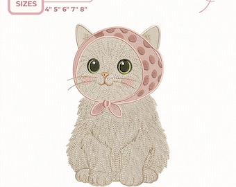 Cat Embroidery Design - Cute Kitten Bonnet Embroidery, Baby Cat Embroidery Pattern, Pastel Cat Machine Embroidery