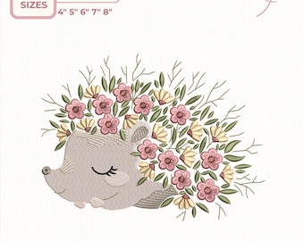 Diseño de bordado de erizo, archivo de bordado a máquina de erizo floral, adorable animal del bosque, descarga instantánea (dst, des, exp, jep, vp3)