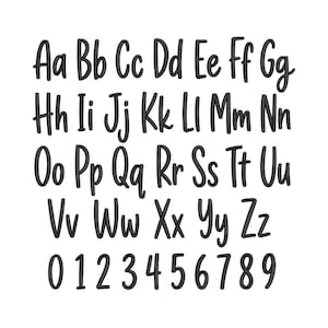 May include: A complete set of black embroidered letters and numbers arranged in rows. The alphabet is presented in both uppercase and lowercase, followed by the digits zero through nine. Each character features a consistent, rounded, handwritten style.