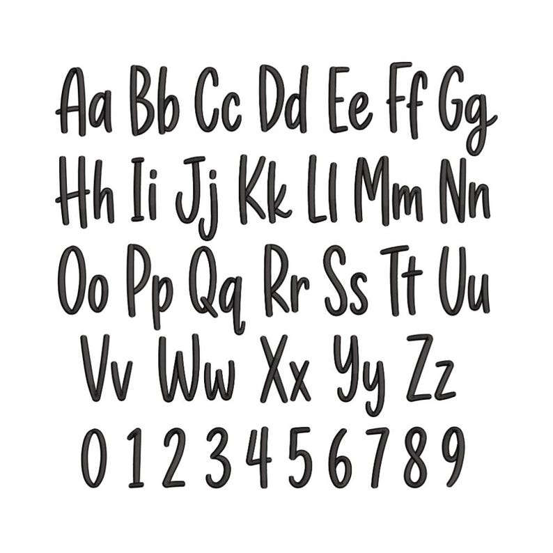 May include: A complete set of black embroidered letters and numbers arranged in rows. The alphabet is presented in both uppercase and lowercase, followed by the digits zero through nine. Each character features a consistent, rounded, handwritten style.