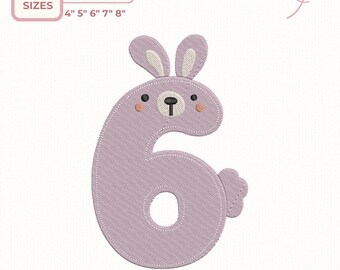 Birthday Number Embroidery Design, Bunny Six Applique Embroidery, Nursery Number Design, Machine Stitch File, 5 sizes, Instant Download