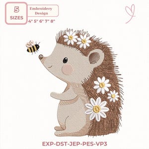 May include: An embroidery design of a smiling hedgehog wearing a daisy crown, with a bee. The design includes the text "5 SIZES" and measurements of 10.16cm, 12.7cm, 15.24cm, 17.78cm, and 20.32cm. The design also includes the text "Embroidery Design".