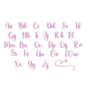 May include: A complete alphabet set featuring uppercase and lowercase letters from A to Z, rendered in a pink cursive script font. The characters are arranged in rows, and a decorative pink swash with a small heart shape is included at the end.