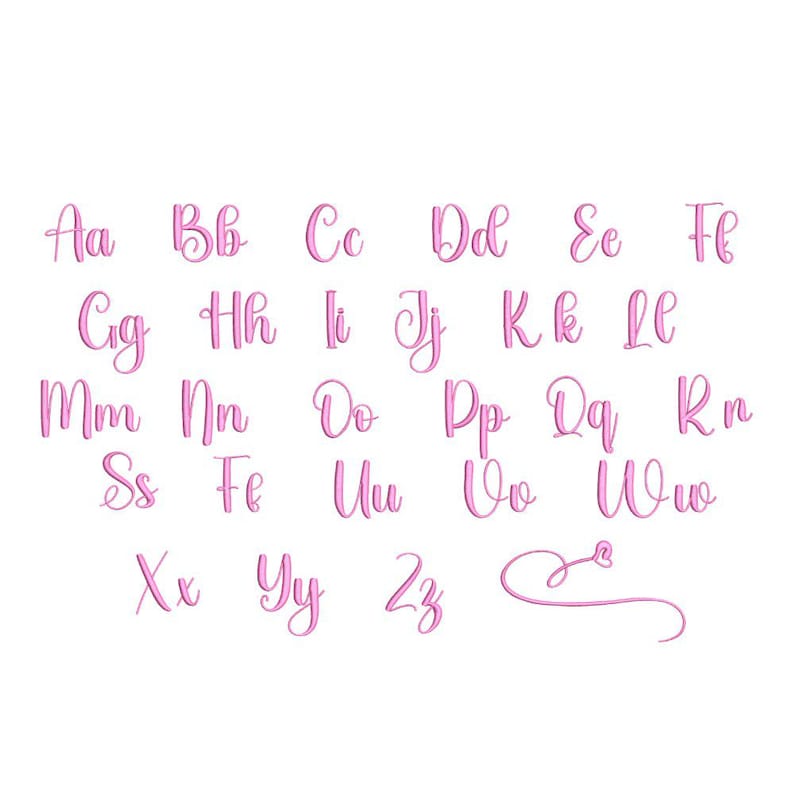 May include: A complete alphabet set featuring uppercase and lowercase letters from A to Z, rendered in a pink cursive script font. The characters are arranged in rows, and a decorative pink swash with a small heart shape is included at the end.