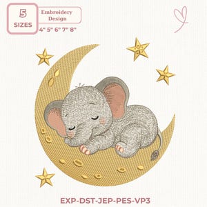 Puede incluir: Diseño de bordado de un elefante bebé durmiendo sobre una luna creciente, rodeado de estrellas. Disponible en 5 tamaños: 10 cm, 13 cm, 15 cm, 18 cm y 20 cm. El diseño utiliza gris, dorado y rosa.