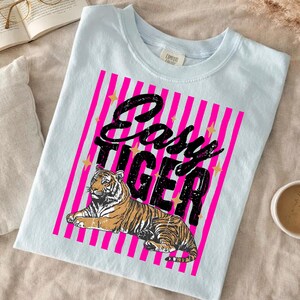 Pu&ograve; includere: T-shirt azzurra con una grafica di tigre e la scritta "Easy Tiger". Il design include strisce verticali rosa e stelle dorate. La maglietta &egrave; realizzata in un materiale morbido.