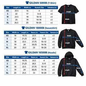 K&ouml;nnte beinhalten: Detaillierte Gr&ouml;&szlig;entabellen f&uuml;r Gildan 5000B T-Shirts, 18000B Sweatshirts und 18500B Hoodies. Tabellen zeigen Ma&szlig;e in cm f&uuml;r Breite, L&auml;nge und &Auml;rmell&auml;nge sowie numerische Gr&ouml;&szlig;e und Toleranz. Inklusive Diagramme jedes Kleidungsst&uuml;cks.
