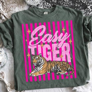 Pu&ograve; includere: Una maglietta verde salvia con un design a righe rosa e la scritta "Easy Tiger". Il design include un'illustrazione di tigre e stelle dorate. Il testo &egrave; in un carattere invecchiato.