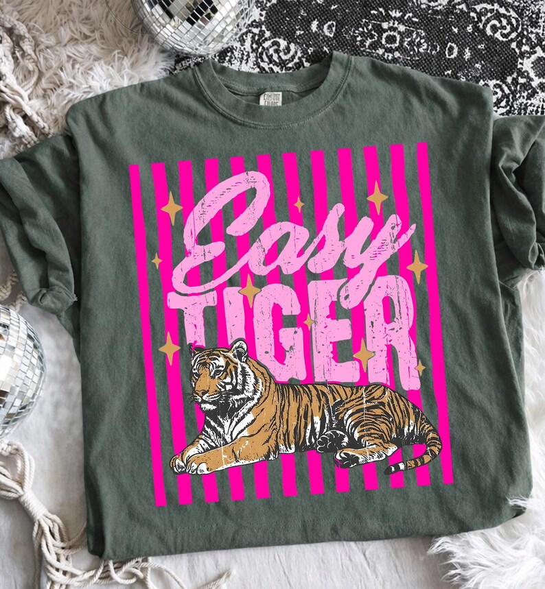 Pu&ograve; includere: Una maglietta verde salvia con un design a righe rosa e la scritta "Easy Tiger". Il design include un'illustrazione di tigre e stelle dorate. Il testo &egrave; in un carattere invecchiato.