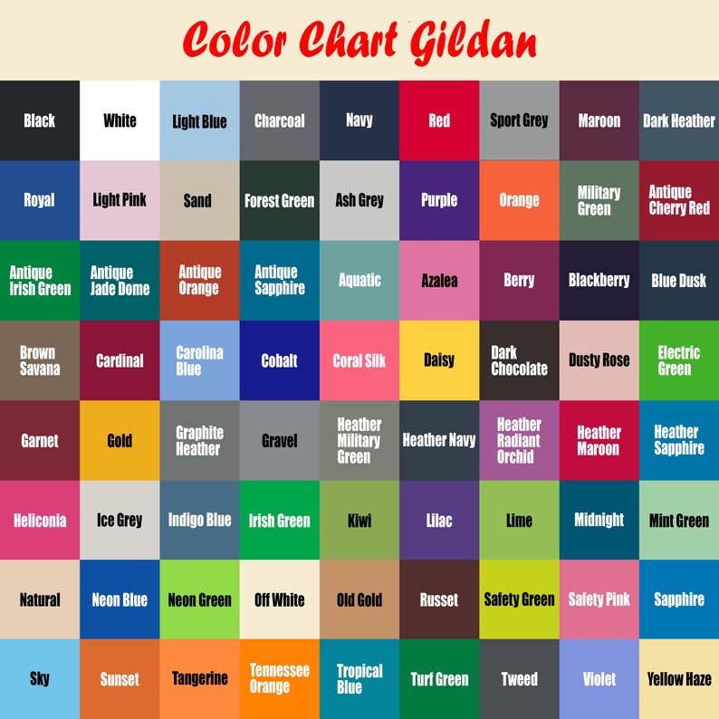 K&ouml;nnte beinhalten: Eine Farbkarte von Gildan mit einem Raster verschiedener Farben und ihren Namen. Zu den Farben geh&ouml;ren Schwarz, Wei&szlig;, Rot, Marineblau und viele mehr. Der Text "Color Chart Gildan" steht in roter, kursiver Schrift oben.