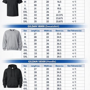 K&ouml;nnte beinhalten: Gildan Gr&ouml;&szlig;entabelle f&uuml;r T-Shirts, Sweatshirts und Hoodies. Die Tabelle zeigt Ma&szlig;e in cm f&uuml;r Gr&ouml;&szlig;en S bis 5XL, einschlie&szlig;lich L&auml;nge, Breite und &Auml;rmell&auml;nge. Die Gr&ouml;&szlig;entoleranz betr&auml;gt +/- 2.5 cm.
