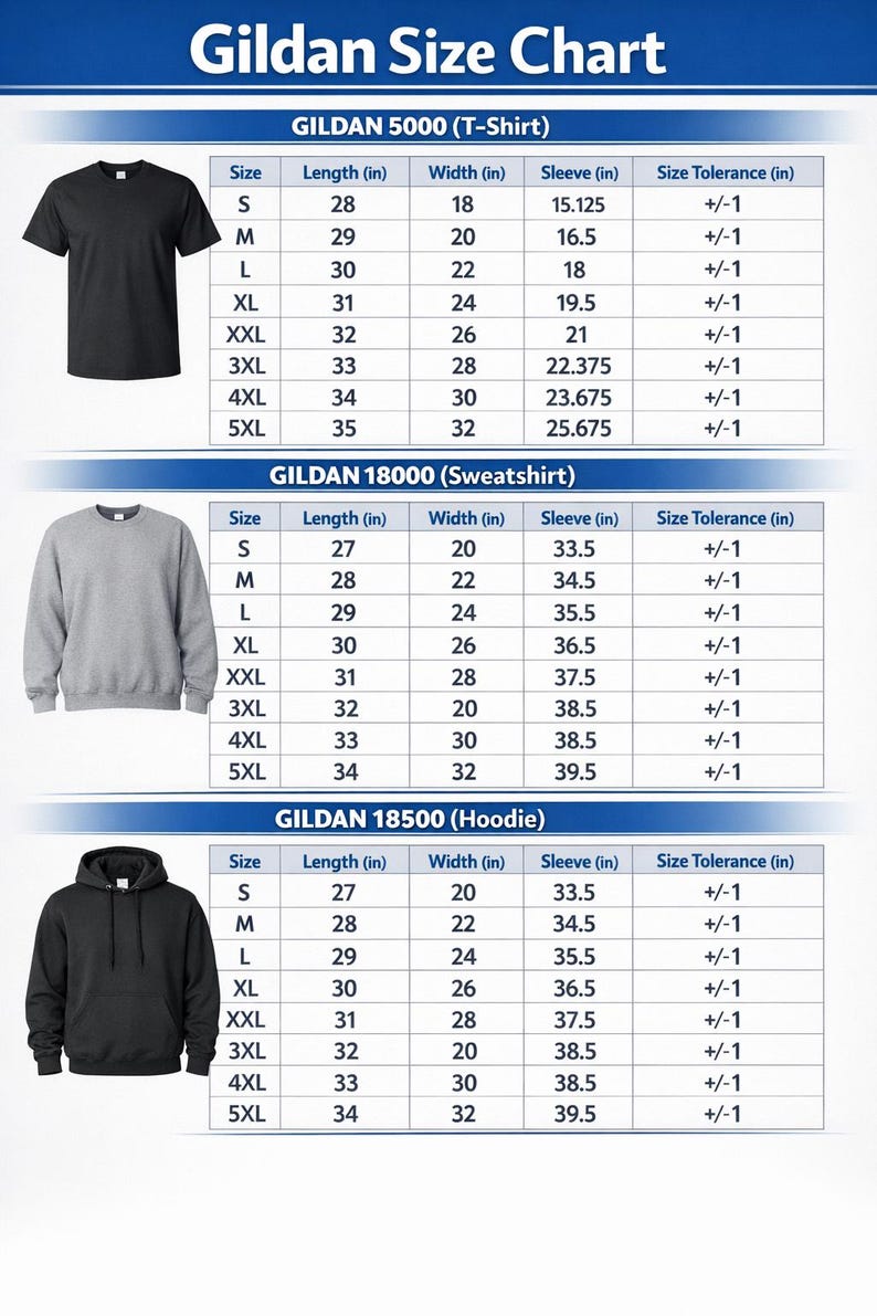 K&ouml;nnte beinhalten: Gildan Gr&ouml;&szlig;entabelle f&uuml;r T-Shirts, Sweatshirts und Hoodies. Die Tabelle zeigt Ma&szlig;e in cm f&uuml;r Gr&ouml;&szlig;en S bis 5XL, einschlie&szlig;lich L&auml;nge, Breite und &Auml;rmell&auml;nge. Die Gr&ouml;&szlig;entoleranz betr&auml;gt +/- 2.5 cm.