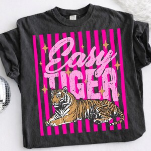 Pu&ograve; includere: T-shirt grigio scuro con un design a righe rosa e bianche. La maglietta presenta la scritta "Easy Tiger" in rosa sopra un'illustrazione dettagliata di una tigre. Accenti di stelle dorate sono sparsi intorno al testo.