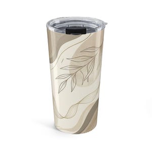 Copo térmico Neutro com Estampa Botânica em Espiral, 590ml | Utensílios para Bebidas com Estampa Abstrata de Folhas Bege