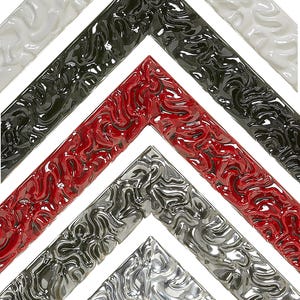May include: Angled view of five picture frame corners in white, black, red, gray, and silver. Each frame has a glossy finish and a textured, swirling pattern. The frames are arranged diagonally, showcasing the variety of colors and designs.