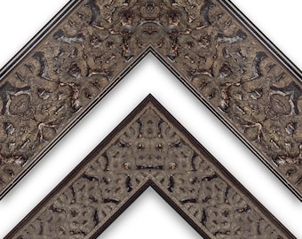 Marco de madera ornamentado, elegante, repujado, negro, gris, dorado, estilo campestre francés, victoriano, antiguo, envejecido.
