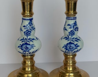 Vintage Delft Blue and White Porcelain and Brass Candlestick Holders | Set of Two