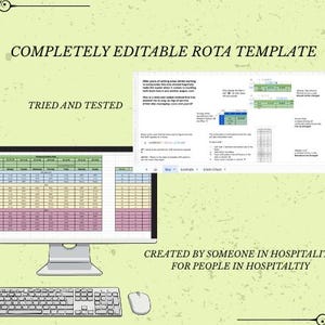 Könnte beinhalten: Ein Computermonitor, der eine Tabelle mit farbcodierten Daten, eine Tastatur und eine Maus anzeigt. Der Text auf dem Bildschirm lautet "COMPLETELY EDITABLE ROTA TEMPLATE" und "TRIED AND TESTED". Das Bild befindet sich auf einem hellgrünen Hintergrund.