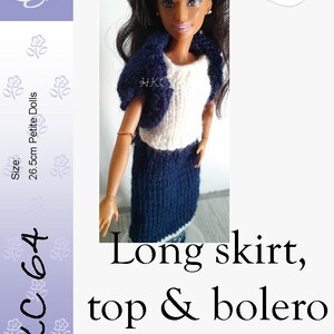 May include: A doll wearing a white sleeveless top, a dark blue long skirt, and a matching dark blue bolero. The image includes text: PDF Pattern, HKC64, Long skirt, top & bolero, and Size: 26.5cm Petite Dolls. The doll has long dark hair.